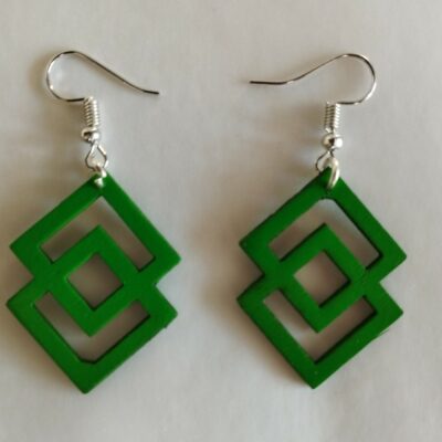 boucles d'oreilles fantaisie vert vif représentant deux losanges entrelacés